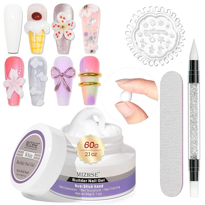 MIZHSE Solid Builder Gel for Nails, 60g White 3D Gel Nail Art Sculpting Non-Sticky Carving Hard Extension Soak Off UV LED for Salon Manicure Home DIY-VivaGrace Women