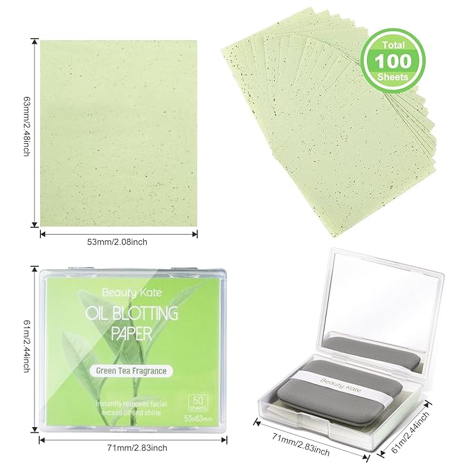 2 Pack Oil Blotting Sheets for Face, Oil Blotting Paper Green Tea Total 100 sheets with Portable Mirror Case & Makeup Puff Makeup Friendly-VivaGrace Women