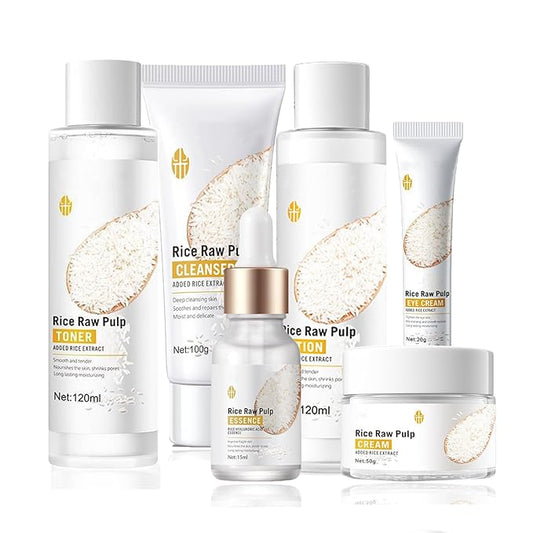 Skincare Gifts for Teenage Girls - Rice Raw Pulp Skin Care Sets & Kits - 6PCS Pamper Gifts for Women with Facial Cleanser-Toner-Eye Cream-Essence-Emulsion-Cream - Gift Set for Firming Hydrating Skin-VivaGrace Women