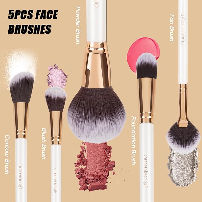 OMANIAC Makeup Brush Set Professional, 12 Pearlescent Wood Handle Makeup Brushes, Premium Cruelty-Free Synthetic Fiber Hair, Travel Make up Brushes Set with Case (White).-VivaGrace Women