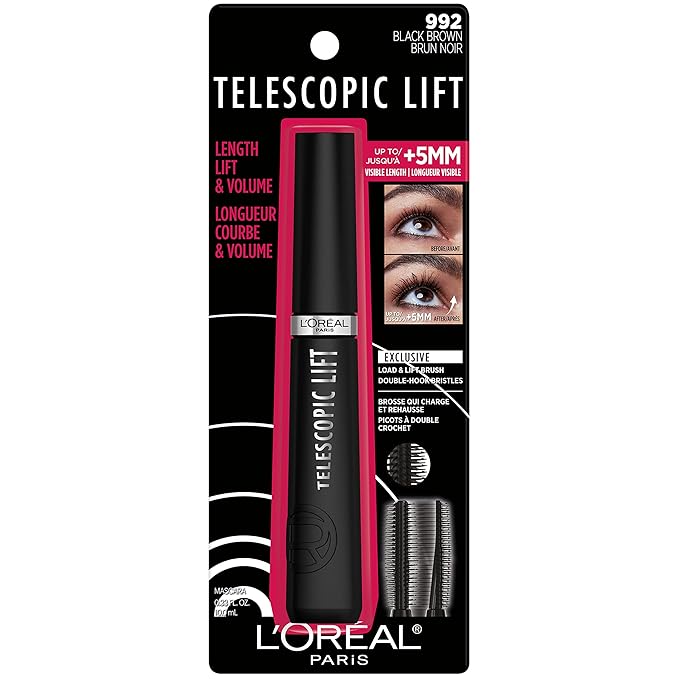L'Oreal Paris Telescopic Lift Mascara, Lengthening and Volumizing Eye Makeup, Lash Lift with Up to 36HR Wear, Washable, Black Brown, 0.33 Fl Oz