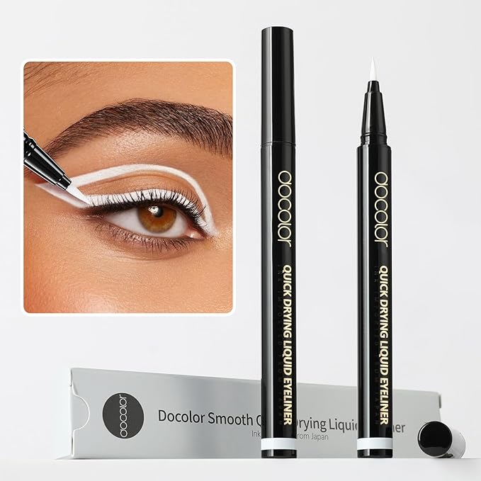 docolor White Waterproof Eyeliner Pen Longwearing with Ultra-Fine Tip Liquid Eye Liner and 2Pcs Eyeshadow Stick Cream Eye Shadow Stick Brightener Eyeshadow Pencil Crayon Highlighter Eye Shadow Stick