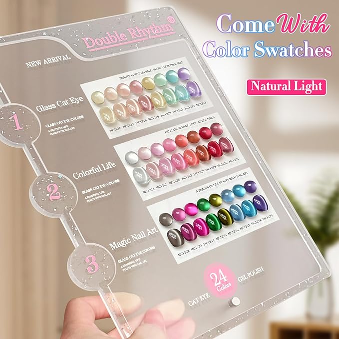 Double Rhythm 28Pcs 0.5Oz Glass Cat Eye Gel Nail Polish Set Same Color Same Bottle Soak Off Magnetic Jelly Gel Polish Kit Nail Art Manicure Salon DIY at Home (Nude Pink Blue Green-T24-10)-VivaGrace Women