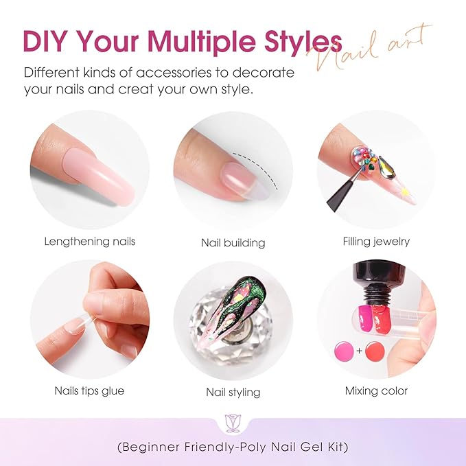 ROSALIND Poly Nail Gel Colors Kit -14 Colors +72 Nail Art Accessories kit Glitter Poly Nails Gel Kit Starter Kit with Mini UV Lamp Slip Solution Nude Pink Poly Nail Art for Beginners with Everything-VivaGrace Women