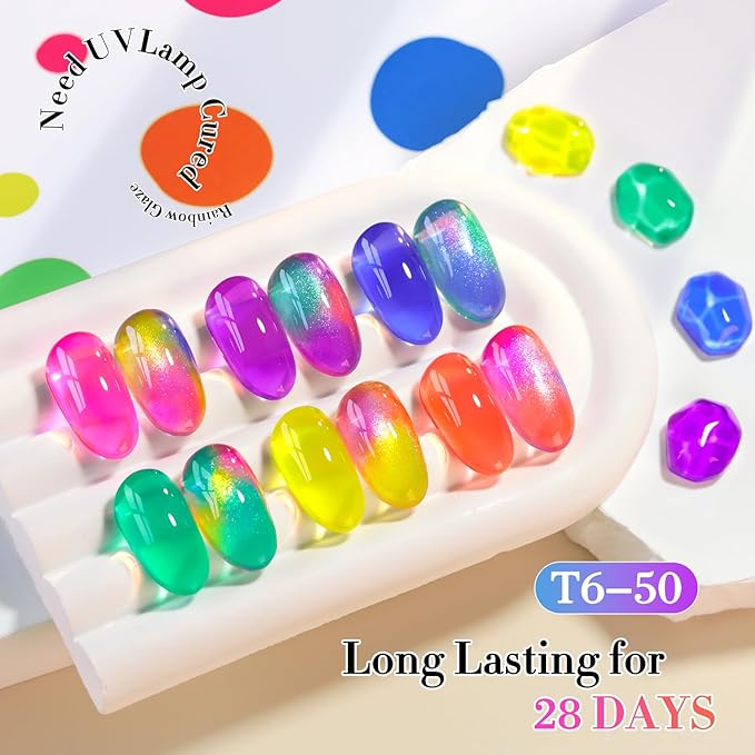 Double Rhythm 6 Pcs 15 ML Gel Polish Set Same Color Same Bottle Soak Off Jelly Neon Gel Polish Kit Nail Art Manicure Salon DIY at Home (Pink Purple Blue Green Yellow Green-T6-50)-VivaGrace Women
