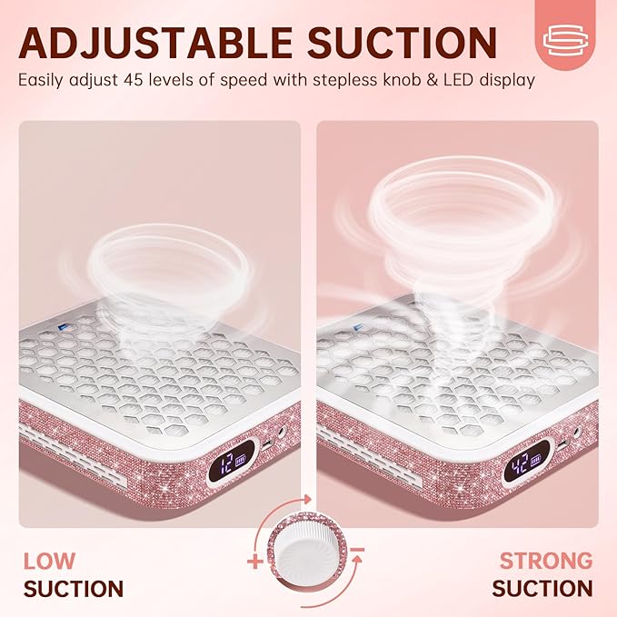 Nail Dust Collector, Rechargeable Dust Collector Nail Tech, Powerful Vacuum Fan Vent Dust Collector Extractor Dust Suction Machine for Acrylic Nails Polishing, Nail Salon&Home, Pink-VivaGrace Women