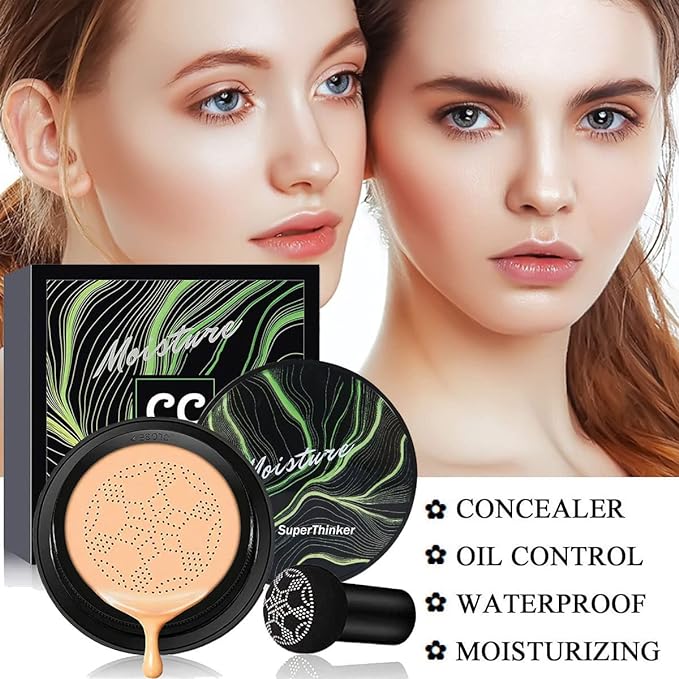 Air Cushion CC Cream Mushroom Head Cushion Foundation, BB Cream Face Makeup for Mature Skin Moisturizing Concealer Brighten Long-Lasting, Even Skin Tone for All Skin Types (Buff Beige)-VivaGrace Women
