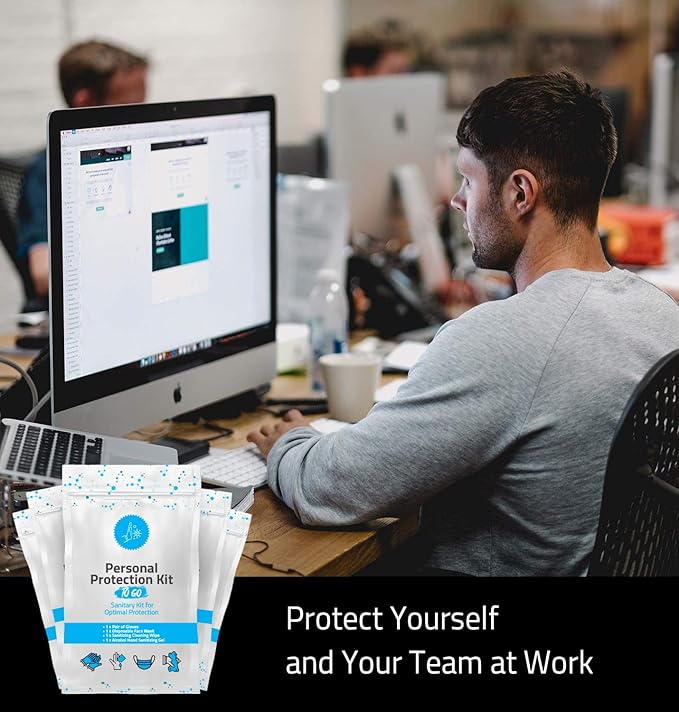 Personal Protection Kit TO GO, Mini 4 Item PPE Kit for travel and school | Includes 1 Each of Face Covering, Gloves, Cleansing Wipes & Hand Cleansing Gel | 10 - Pack (Light Blue)-VivaGrace Women