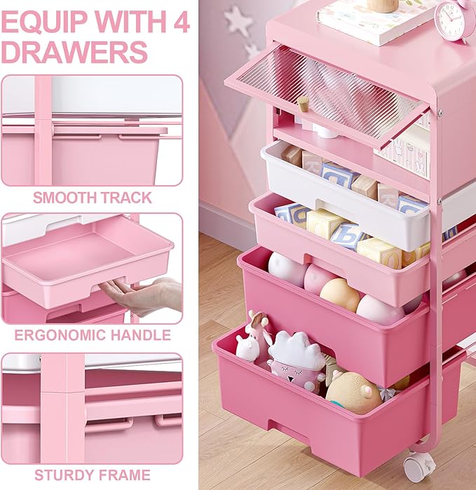 Utility-Rolling-Storage-Drawer-Craft-Cart-Organizers with 4 Drawers & Dust-Proof Door for Kid Craft Art Room,Bedroom,Home Office, Classroom, Rose Pink-VivaGrace Women