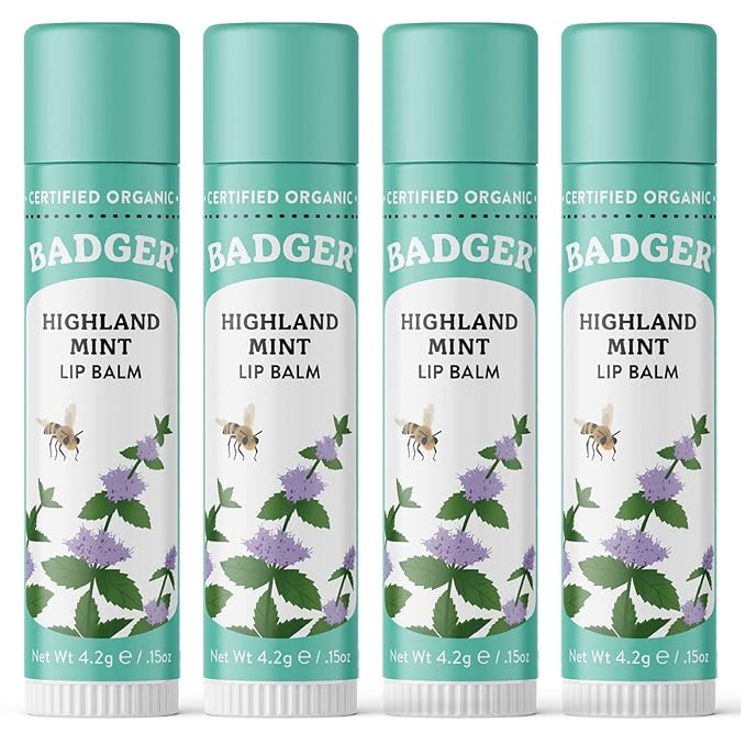 Badger - Classic Lip Balm, Highland Mint, Made with Organic Olive Oil, Beeswax & Rosemary, Certified Organic, Moisturizing Lip Balm, 0.15 oz (4 Pack)-VivaGrace Women