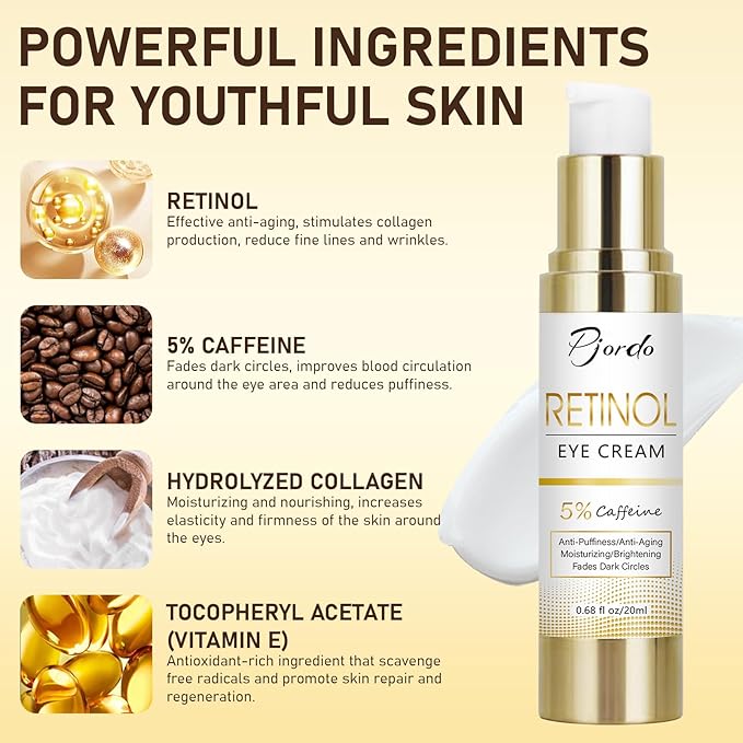 Retinol Eye Cream for Dark Circles Puffiness, Under Eye Cream Anti Aging Eye Cream Reduce Wrinkles & Fine Lines, 5% Caffeine Eye Cream with Eye Massage Wand, Perfect Gifts-VivaGrace Women