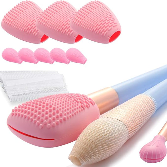 Silicone Travel Make-up Brush Holder with Cleaner Mat Pad, Organizer Case Covers for Foundation Eye Lip Brushes Storage Cleaning, Gift for Women Girl-friend Mother Wife, 3-Pcs Large + 5 Small, Pink-VivaGrace Women
