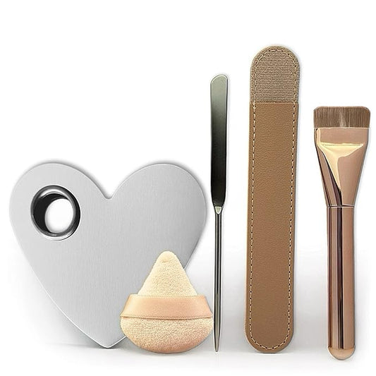 Makeup Brush Set - Flat Foundation Brush, Blender Sponge, Face Spatula, Puff & Heart-Shaped Mixing Palette with Leather Case – Complete Face Makeup Tool Kit for Blending, Foundation & Application-VivaGrace Women