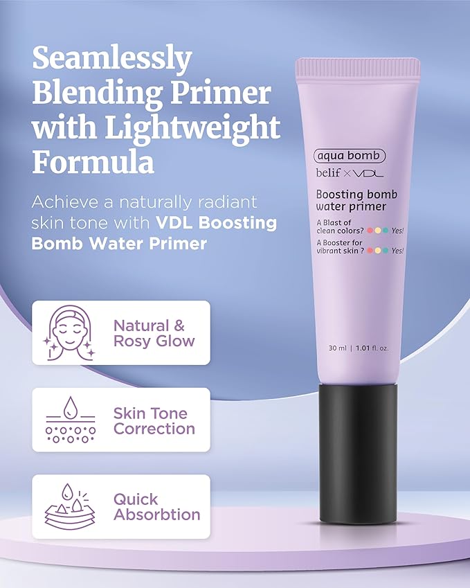 VDL Boosting Bomb Water Primer (Natural Finish, 1fl oz) - Makeup Base, Natural Radiance Booster. Smooth & Even Skin Tone, Moisturizer. Korean Skin Care for Perfect Canvas. Vegan Formula Cream,-VivaGrace Women