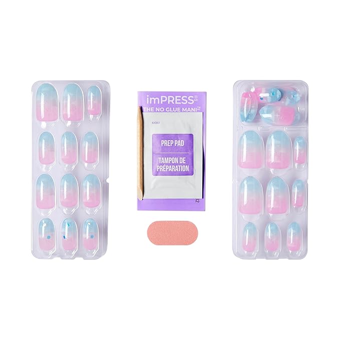 WICKED X imPRESS Design Press On Nails , The EASIEST NO GLUE Mani, Super Hold Adhesive, ‘Destined To’, Pink/Sky Blue, Medium Oval, Includes 30 Fake Nails, 1 Prep Pad, 1 Manicure Stick, 1 Mini File
