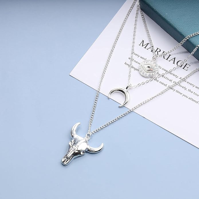 Boho Layered Moon Necklace Silver Compass Disc Pendant Necklace Chain Cow Evil Eye Charm Necklace Jewelry for Women-VivaGrace Women