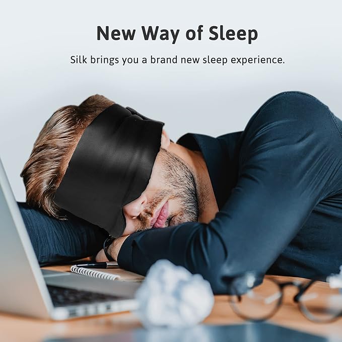 Silk Sleep Mask for Women Men, Mulberry Silk Eye Sleeping Mask & Blindfold with Adjustable Velcro Strap, Blackout Eye Cover for Sleep Travel Yoga Nap, Large Size, Black-VivaGrace Women