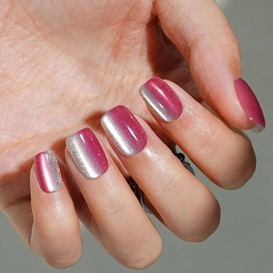 Press on Nails Short, Jofay Fashion Fake Nails, Two-color Ombre Cat Eye Press on Nails, Summer Acrylic False Nails, Reusable Stick on Nails for Women Girls, Glue on Nails Kit 32 Pcs, Cherry Sparkle