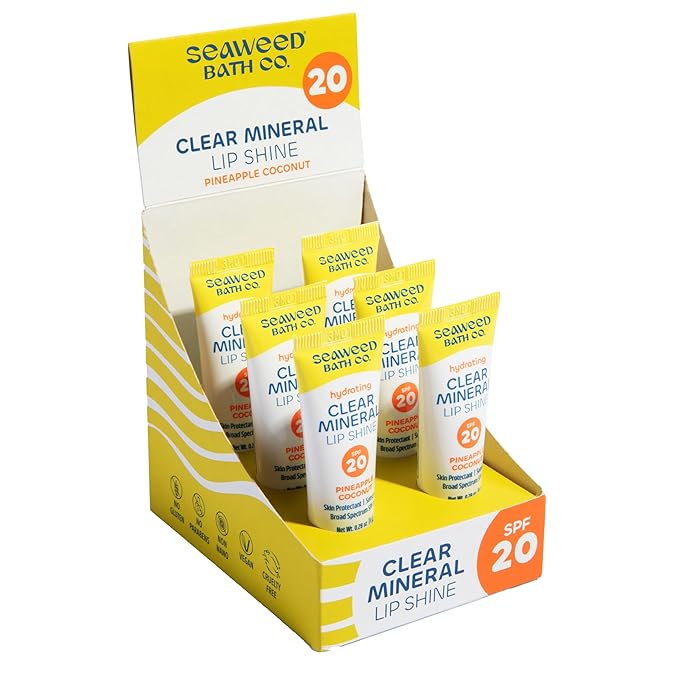 Seaweed Bath Co. Hydrating Clear Mineral Lip Shine SPF 20 Sunscreen Zinc Oxide Lip Balm, 0.28 Oz (6 Pack), Moisturizing Care for Dry, Chapped Lips-VivaGrace Women