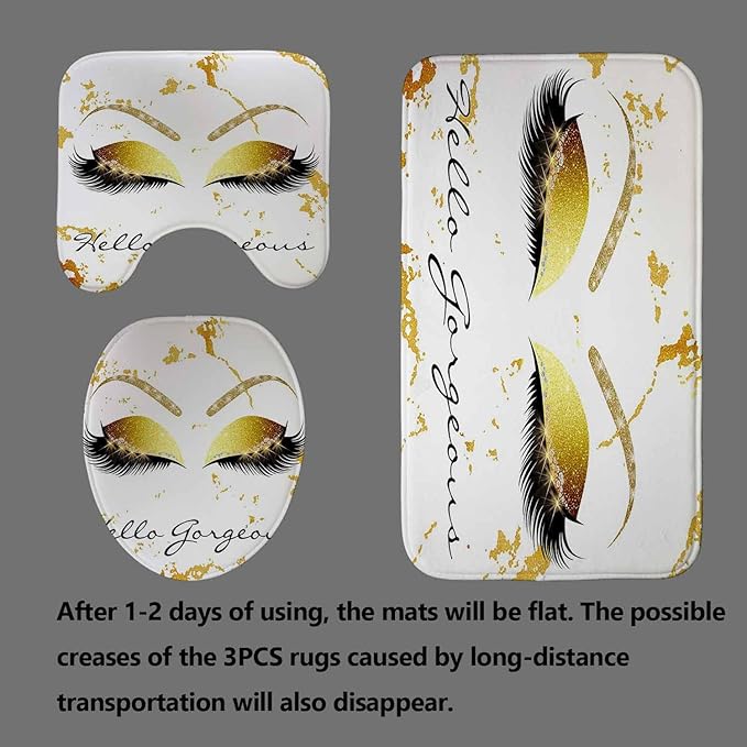 4PCS Hello Gorgeous Unicorn Eyelash Shower Curtain Set with Rugs, Luxury Diamond Gold Glitter Eyebrow Eyeshadow Makeup White Marble Glam Modern Fashion Women Bathroom Decor, Hello Gorgeous-VivaGrace Women