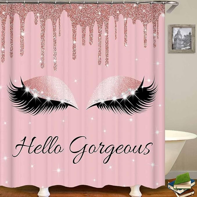 4PCS Hello Gorgeous Unicorn Eyelash Shower Curtain Set Luxury Diamond Rose Gold Glitter Eyeshadow Makeup Pink Glam Beauty Fashion Girly Women Bathroom Decor Non-slip Bath Mat Toilet Rug, Bling-VivaGrace Women