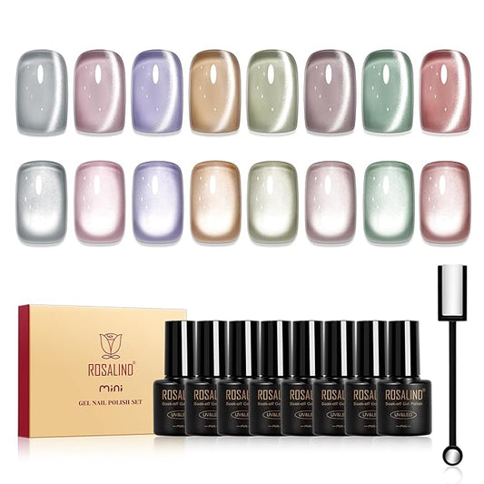 ROSALIND Cat Eye Gel Nail Polish, 8 Color Jelly Gel Polish with Magnet Stick Magnetic Cateye Translucent Effect Sheer Glitter Collection Manicure Gifts for Women-VivaGrace Women