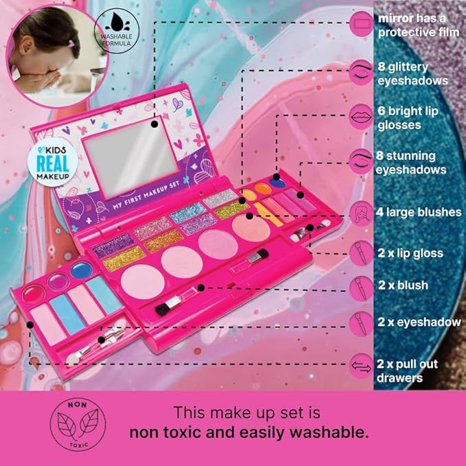 My First Makeup Set for Young Girls I Kids Makeup Kit for Little Girls I Foldable Makeup Palette with Makeup Mirror I Pink Set Makeup for Kids Vanity I Original Design Washable Toddler Makeup Kit Gift-VivaGrace Women