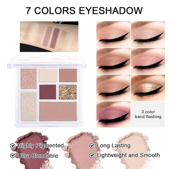 Makeup Kit for Teens Girls, Makeup Present Set for Women, Makeup Full Kit for Beginners, Mini Makeup Bundle Include 7 Puce colors Matte & Shimmer Pigmented Eyeshadow Palette, Eyebrow Powder-VivaGrace Women
