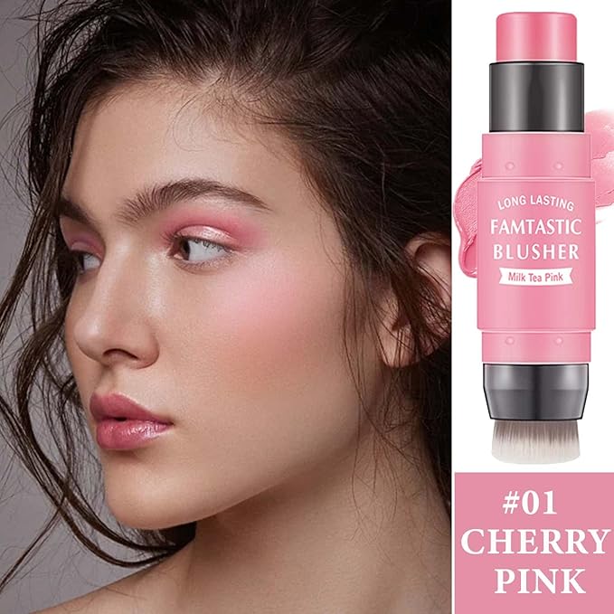Cream Blush Stick,Blush Stick for Cheeks with Contour Brush,3-in-1 Long Lasting Waterproof Blush&Eye Shadow&Lip Gloss for Fair Skin Types（01 Milk Tea Pink）-VivaGrace Women
