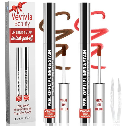 2pcs Lip Stain Peel Off - Lip Liner Stain Long Lasting Waterproof,2-in-1 Lip Liner with Tweezer Nude Matte,Non-Stick Cup,Highly Pigmented，Natural Finish,Stay On All Day,Perfect for Gift (Cocoa+Coffee)-VivaGrace Women
