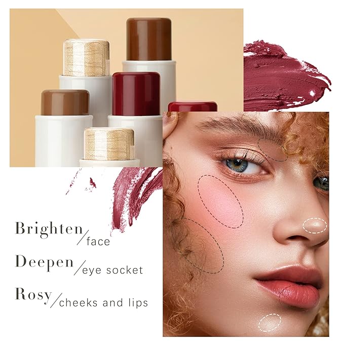 3 Colors Highlilghter Contour Blush Sticks Creamy Sticks for Cheeks, Eyes Cosmetics Stick Set, 3 in 1 Long Lasting Waterproof Moisturizer Makeup Sticks for All Skin-VivaGrace Women