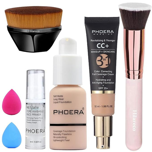 PHOERA Foundation,PHOERA CC Cream Foundation Color Correcting Anti Aging Hydrating Serum &SPF 25+,PHOERA Primer, PHOERA Makeup Foundation, Makeup Brushes (101 Porcelain+120 Nude CC Cream)-VivaGrace Women