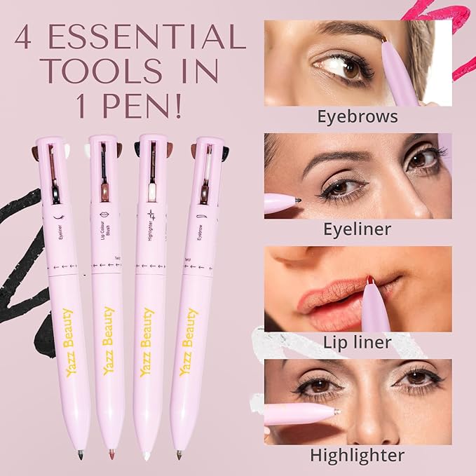 YazzBeauty - 4 in 1 Makeup Touch Up Pen with Hot Pink Lip Liner, Black Eyeliner, Dark Brown Eyebrow Pencil, and Shimmer White Highlighter, Compact Beauty Pen, Smudge Proof, Vegan, Cruelty-Free