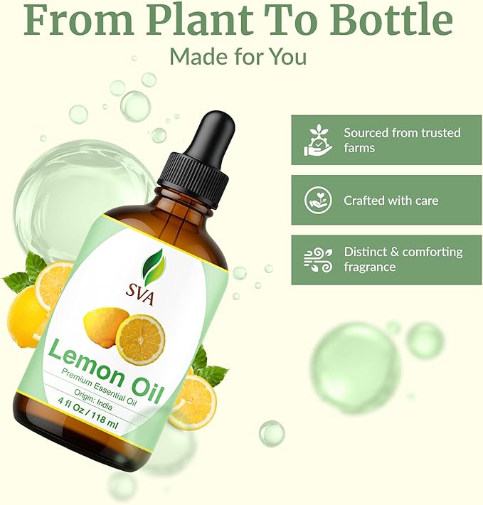 SVA Lemon Essential Oil – 4 Fl Oz – 100% Natural Lemon Oil - for Diffuser, Hair Care, Face, Skin Care, Aromatherapy, Scalp and Body Massage, Soap and Candle Making – with Dropper-VivaGrace Women