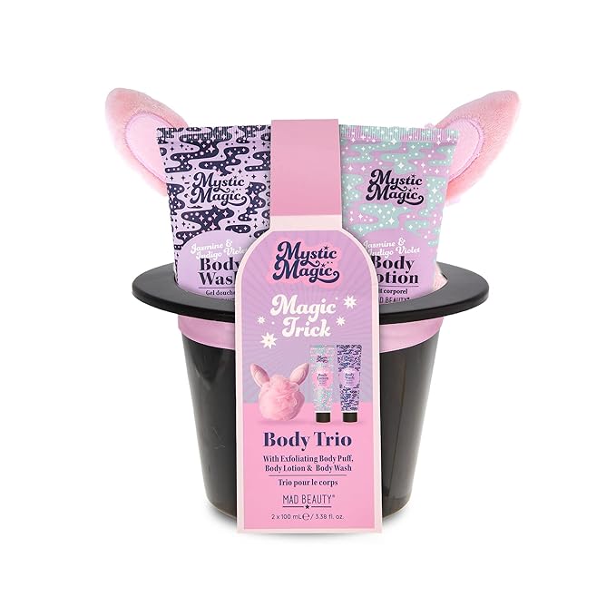 MAD BEAUTY Mystic Magic Rabbit in the Hat Body Trio, 3-in-1 Bath Kit: Exfoliating Loofah, Body Lotion, & Body Wash, Gorgeous Jasmine & Indigo Violet, Relax & Unwind, Great Self-Care Gift Set-VivaGrace Women
