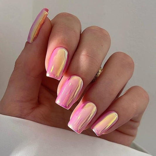 Press on Nails Square - Glazed Pastel Pink Chrome Fake Nails Medium Acrylic Full Cover Glue on Nails in 12 Sizes - 24 Piece Nail Kit，Natural Fit for Women & Girls Daily Wear