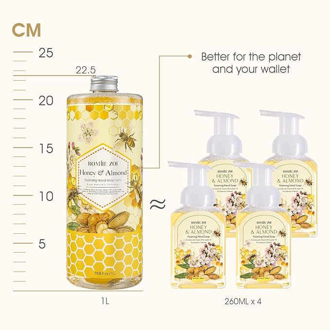 Natural Honey & Almond Scented Foaming Hand Soap Refill Gift Set - 3 Pack with Dispenser, Non-Toxic and Biodegradable Formula, Moisturizing Essential Oils for Sensitive Skin (33.8 Fl Oz x 3)
