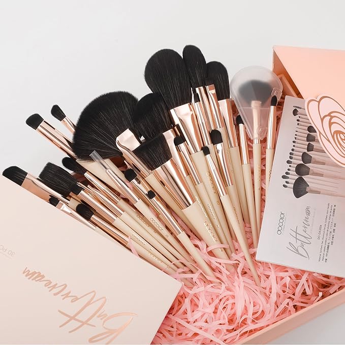 Docolor Makeup Brushes Set Professional 30Pcs Makeup Brushes Premium Synthetic Powder Kabuki Foundation Contour Blush Concealer Eye Shadow Blending Eyeliner Crease Eyebrow Make Up Brush Kit - Beige-VivaGrace Women