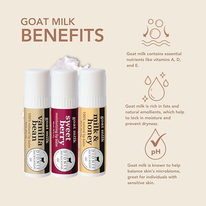 Dionis Goat Milk Skincare Warm & Sweet Lip Balm Gift Set - Beeswax, Shea Butter & Coconut Oil Lip Care Products Made in The USA - Cruelty Free Lip Moisturizer For Dry Chapped Lips, 0.28oz 3 Pack-VivaGrace Women