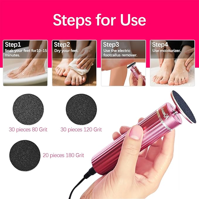5.3'' Electric Foot Callus Remover with 80pcs Sandpaper Discs & Brush, Professional Aluminum Ergonomic Pedicure Tool, Stepless Speed & Reverse Control for Dead Skin Removal (Pink)-VivaGrace Women