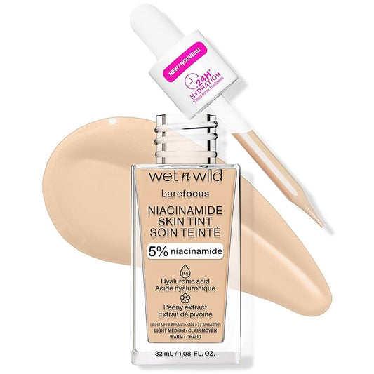 wet n wild Bare Focus Skin Tint, 5% Niacinamide Enriched,Buildable Sheer Lightweight Coverage,Natural Radiant Finish,Hyaluronic & Vitamin Hydration Boost,Cruelty-Free & Vegan-Light Medium Sand-VivaGrace Women