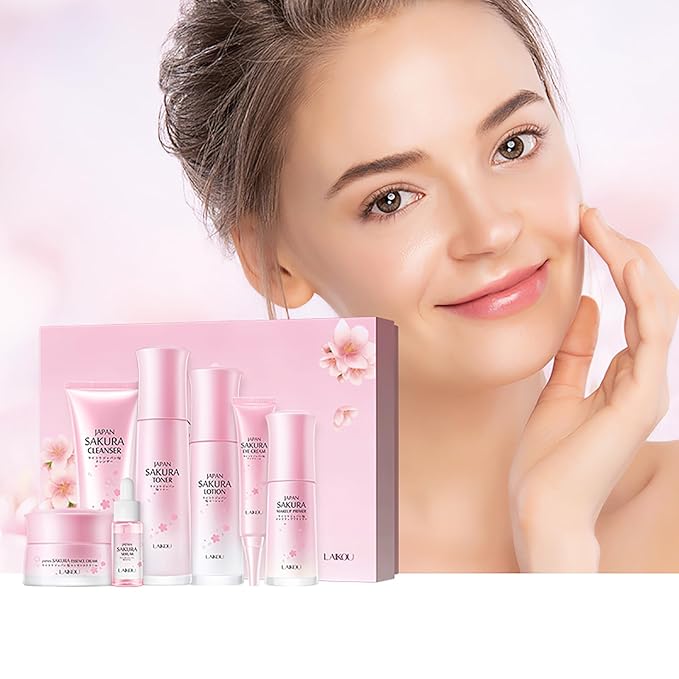 Skin Care Set JAPAN SAKURA Beauty Gift Sets Skin Care Kit with Cleanser, Toner, Lotion, Serum, Eye Cream, Face Cream, Make up Primer Travel Kit for Women Wife Mom 7pcs-VivaGrace Women