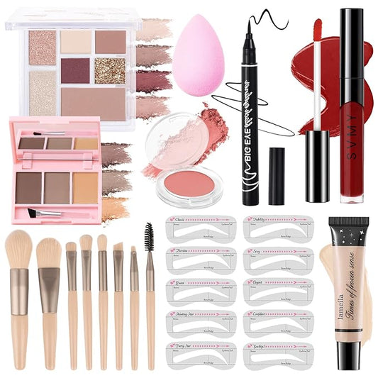 Makeup Kit for Teens Girls, Makeup Present Set for Women, Makeup Full Kit for Beginners, Mini Makeup Bundle Include 7 Puce colors Matte & Shimmer Pigmented Eyeshadow Palette, Eyebrow Powder-VivaGrace Women