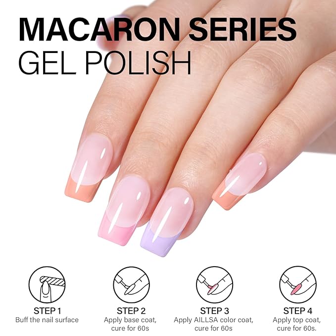 AILLSA Pastel Pink Nail Polish Set Macaron Light Purple Orange Polish with Base and Top Coat,Long Lasting Summer Spring Color Soak Off U V L ED Manicure Art Salon DIY at Home 7Pcs 8ML