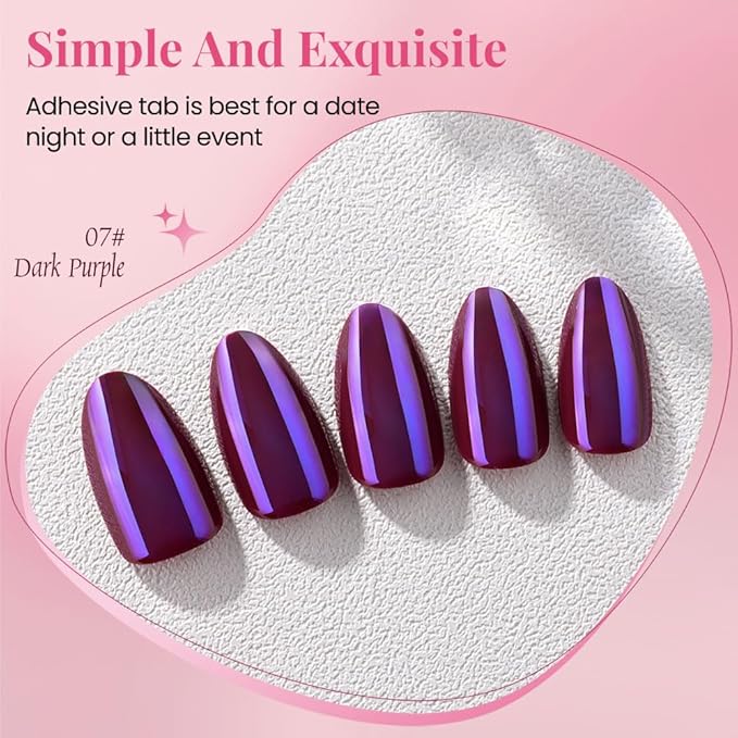 Aurora Chrome Purple Press On Nails Short Almond 30 Pcs, Designer Reusable Acrylic Fake Nails with Glue, Glossy Soft Gel Nails Wedding and Party, Stick On Glue On Nails, Nails fro Women Gift