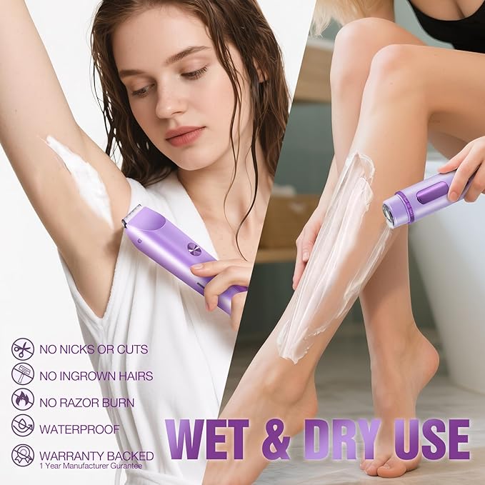 Bikini Trimmer for Women Electric Razors for Women Women's Electric Razor 2 in 1 Shaver Pubic Hair Trimmer Ipx7 Waterproof Wet Dry Use Bikini Shaver for Ladies Pubic, Legs, Face, Underarms (Purple)-VivaGrace Women
