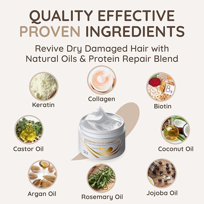 VITAMINS hair cosmetics Keratin Hair Mask - Deep Repair Conditioner with Biotin & Castor Oil - For Damaged, Dry, Curly, Straight, Thin & Fine Hair - Intense Collagen Protein Treatment-VivaGrace Women