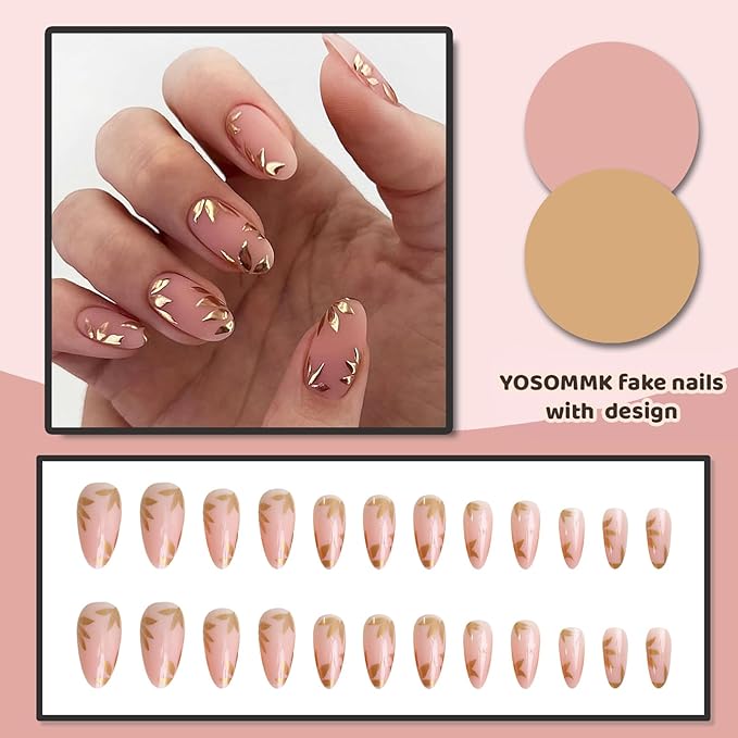 Press on Nails Medium Almond Fake Nails with Leaf Designs Nude Pink Stick on Acrylic Nails Glossy Full Cover False Nails for Women