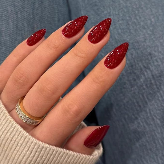 KQueenest Glitter Red Press on Nails Almond Medium, Cute Shinny Fake Nails Medium Stiletto, Bling Acrylic Nails False Nails Press on, Glue on Nails For Women Party Holiday Wear in 24 Pcs