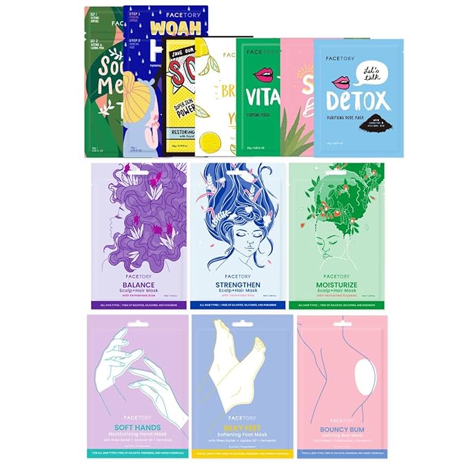 FACETORY Deluxe Self-Care Mask Bundle with 3 Nourishing Hair Masks, 7 Hydrating Face Sheet Masks, and 3 Softening Body Masks for Dry, Cracked Skin-VivaGrace Women